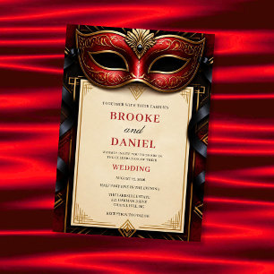Glamorous Red Masquerade Art Deco Wedding Invitation