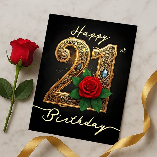 Glamorous Red Rose Ornate Golden 21st Birthday 
