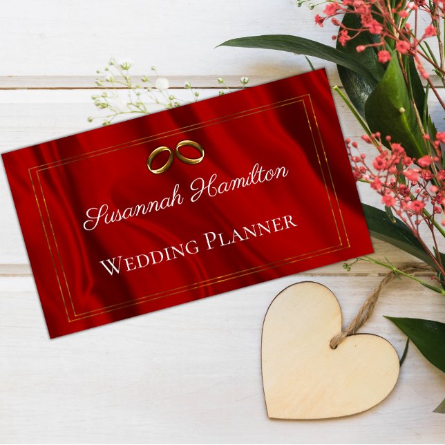 Glamorous Red Silk and Gold Rings Wedding Planner Business Card (Creator Uploaded)