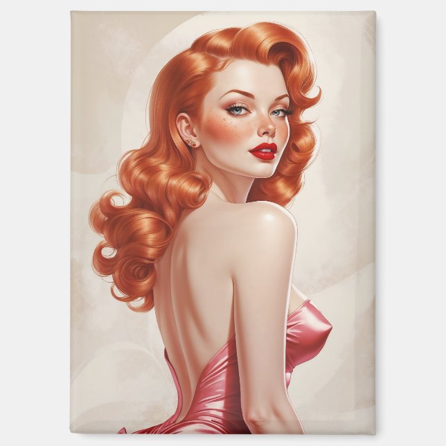 Glamorous Redhead Pin-Up Pink Dress  Magnet (Front)