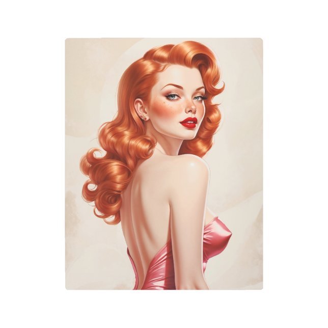 Glamorous Redhead Pin-Up Pink Dress  Metal Print (Front)