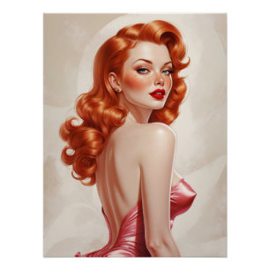 Glamorous Redhead Pin-Up Pink Dress Poster
