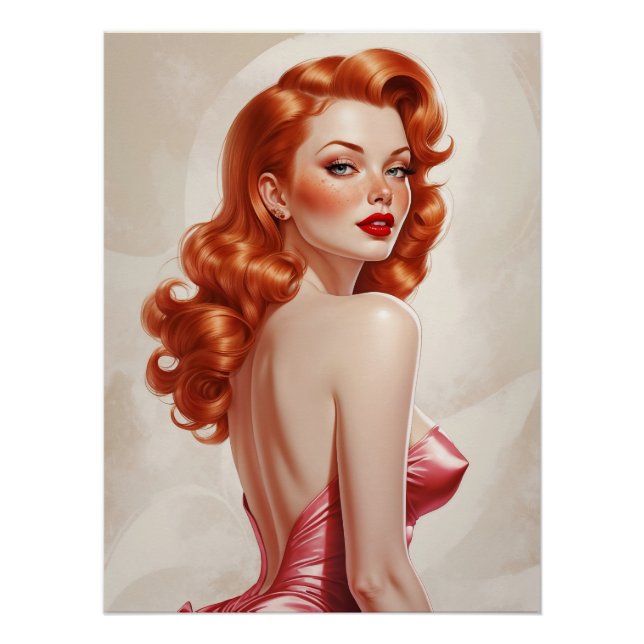 Glamorous Redhead Pin-Up Pink Dress  Poster (Front)