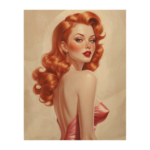 Glamorous Redhead Pin-Up Pink Dress Wood Wall Art