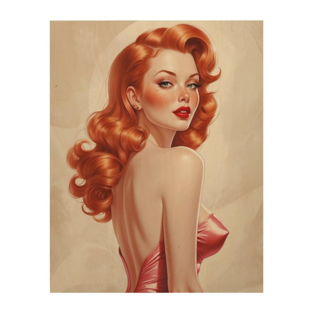 Glamorous Redhead Pin-Up Pink Dress  Wood Wall Art (Front)