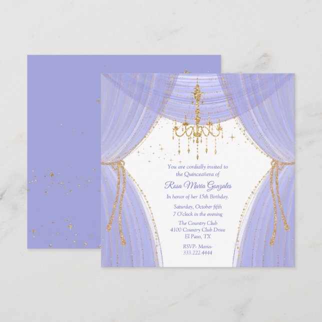 Glamorous Regency Blue and Gold Quinceañera  Invitation (Front/Back)