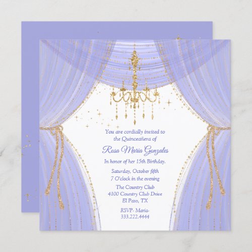 Glamorous Regency Blue and Gold Quinceaera  Invitation