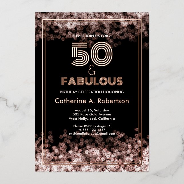 Glamorous Retro 50 & Fabulous Birthday Rose Gold  Foil Invitation (Front)