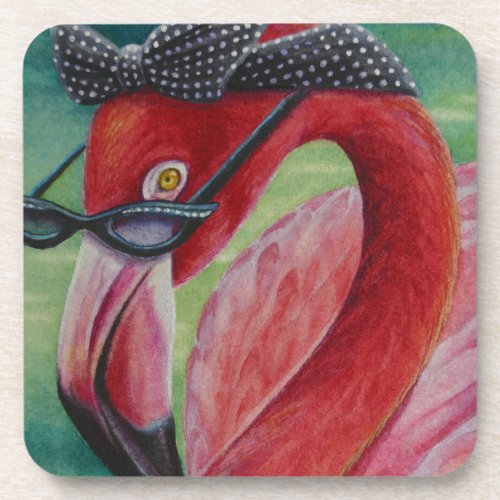 Glamorous Retro Pink Flamingo Watercolor Art Beverage Coaster