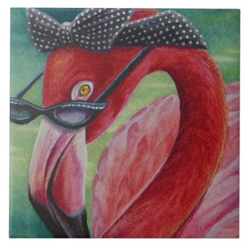 Glamorous Retro Pink Flamingo Watercolor Art Ceramic Tile