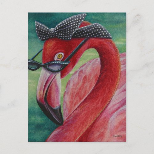Glamorous Retro Pink Flamingo Watercolor Art  Postcard