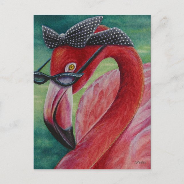 Glamorous Retro Pink Flamingo Watercolor Art  Postcard (Front)