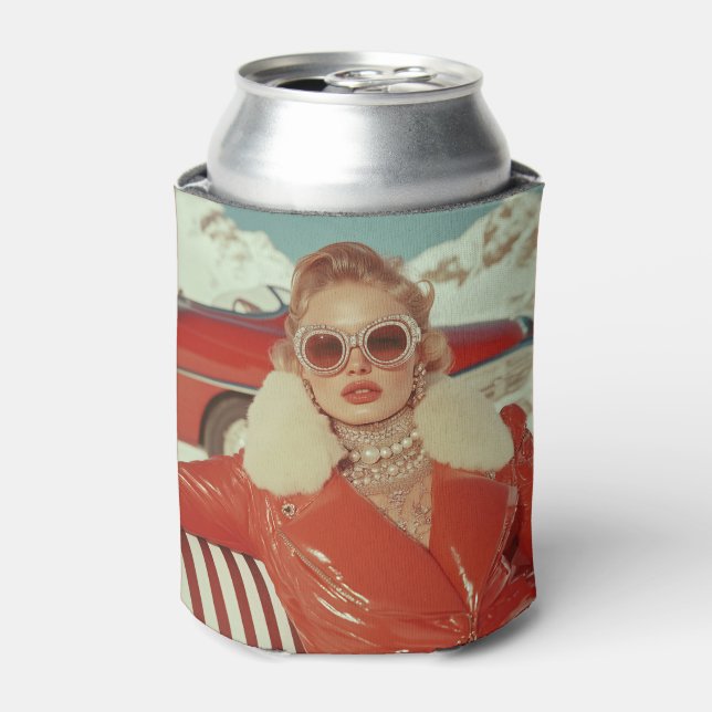 Glamorous Retro Winter Style in Alpine Setting Can Cooler (Can Front)