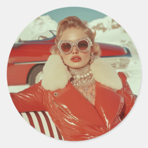 Glamorous Retro Winter Style in Alpine Setting Classic Round Sticker