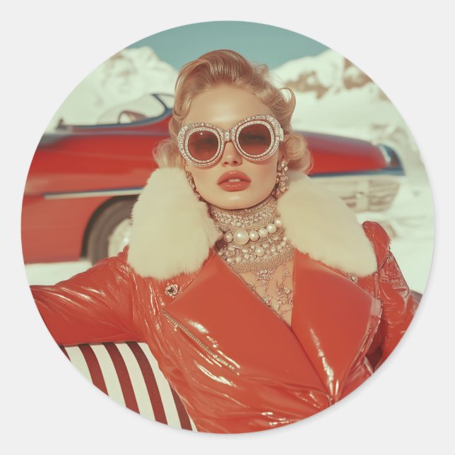 Glamorous Retro Winter Style in Alpine Setting Classic Round Sticker (Front)