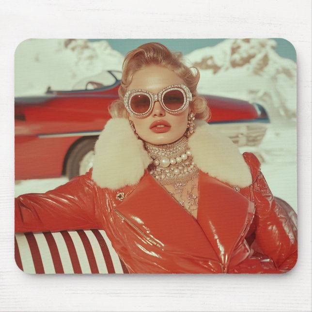 Glamorous Retro Winter Style in Alpine Setting Mouse Pad (Front)