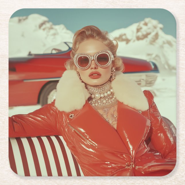 Glamorous Retro Winter Style in Alpine Setting Square Paper Coaster (Front)