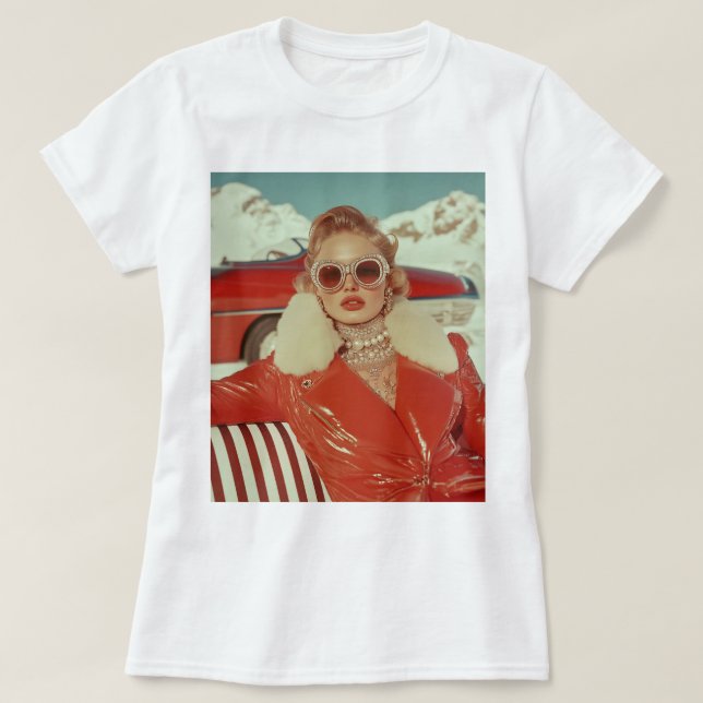Glamorous Retro Winter Style in Alpine Setting T-Shirt (Design Front)
