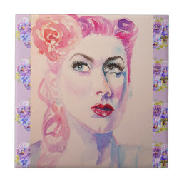 Glamorous Retro Woman Vintage Purple Watercolor Ceramic Tile