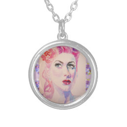 Glamorous Retro Woman Vintage Purple Watercolor Silver Plated Necklace