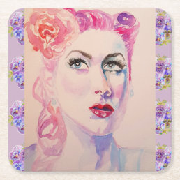 Glamorous Retro Woman Vintage Purple Watercolor Square Paper Coaster