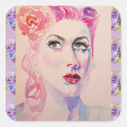 Glamorous Retro Woman Vintage Purple Watercolor Square Sticker