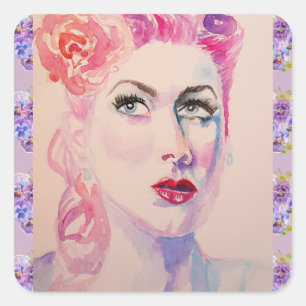 Glamorous Retro Woman Vintage Purple Watercolor Square Sticker
