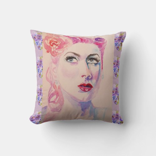 Glamorous Retro Woman Vintage Purple Watercolor Throw Pillow