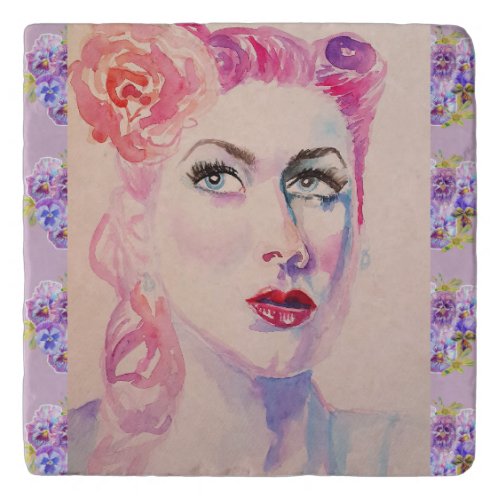 Glamorous Retro Woman Vintage Purple Watercolor Trivet