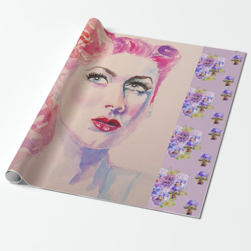 Glamorous Retro Woman Vintage Purple Watercolor Wrapping Paper