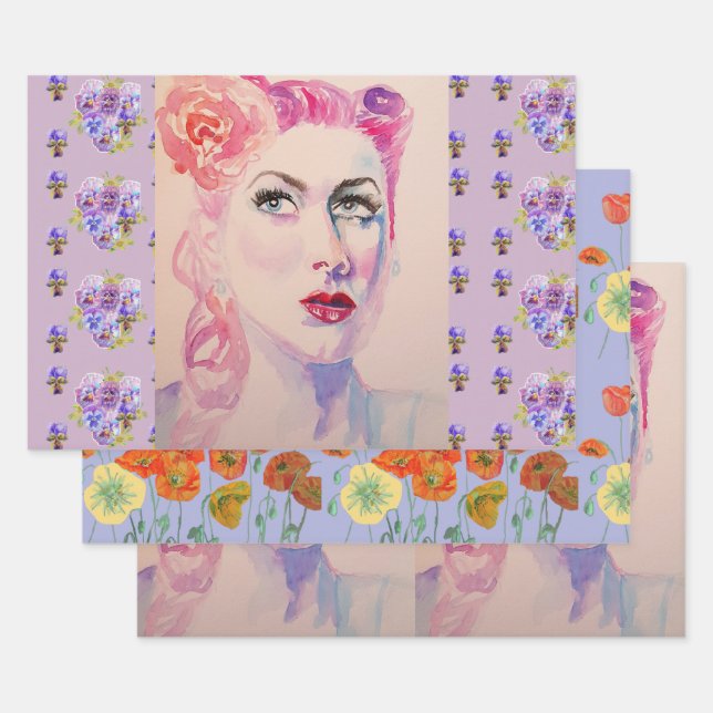 Glamorous Retro Woman Vintage Purple Watercolor Wrapping Paper Sheets (Set)