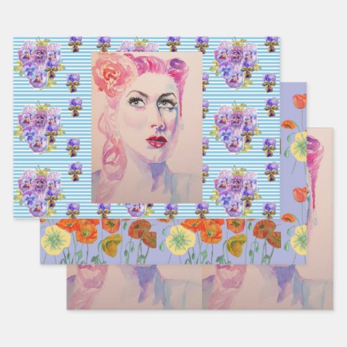Glamorous Retro Woman Vintage Purple Watercolor Wrapping Paper Sheets