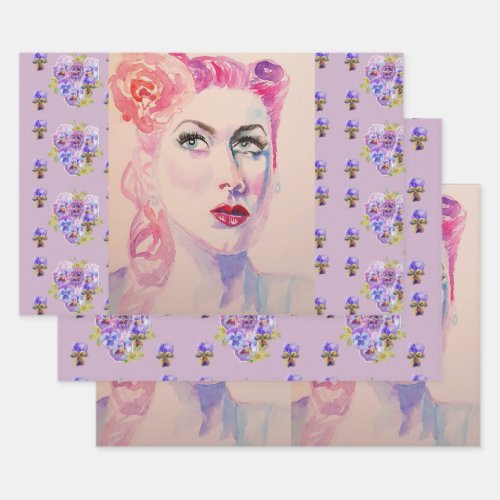 Glamorous Retro Woman Vintage Purple Watercolor Wrapping Paper Sheets