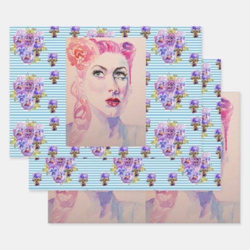 Glamorous Retro Woman Vintage Purple Watercolor Wrapping Paper Sheets