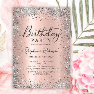 Glamorous Rose Gold and Silver 60th Birthday  Invitation