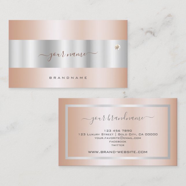Glamorous Rose Gold and Silver with Faux Diamond  Business Card (Front/Back)