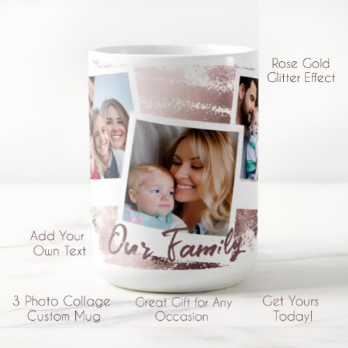 Glamorous Rose Gold and White 3 Picture Collage Coffee Mug