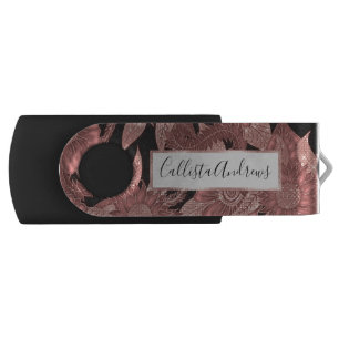 Glamorous Rose Gold Black Glitter Flowers Flash Drive