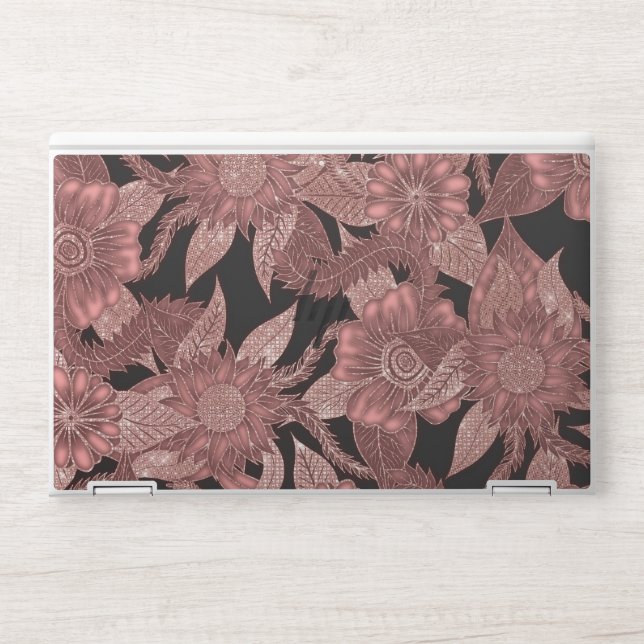 Glamorous Rose Gold Black Glitter Flowers HP Laptop Skin (Front)