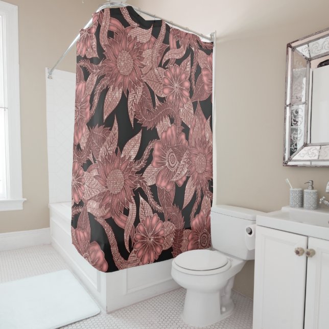 Glamorous Rose Gold Black Glitter Flowers Shower Curtain (In Situ)