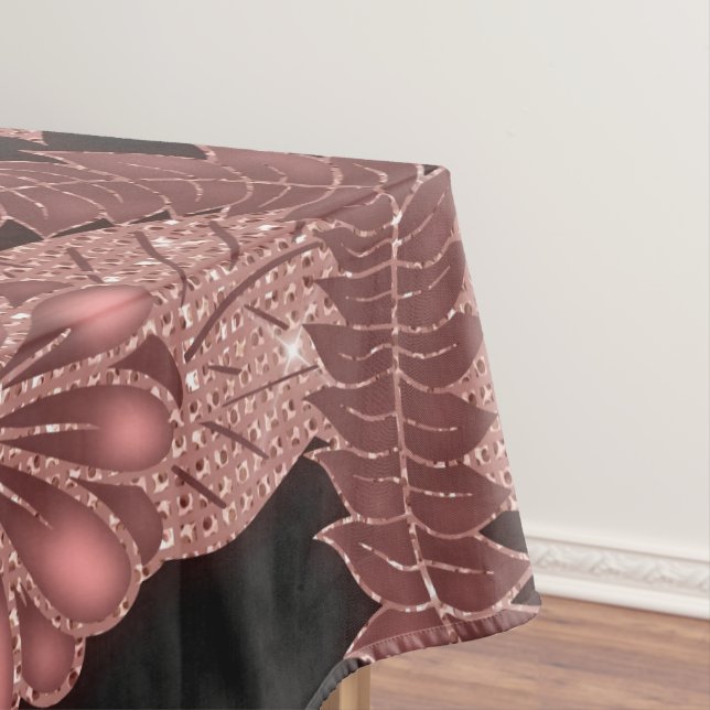 Glamorous Rose Gold Black Glitter Flowers Tablecloth (In Situ)