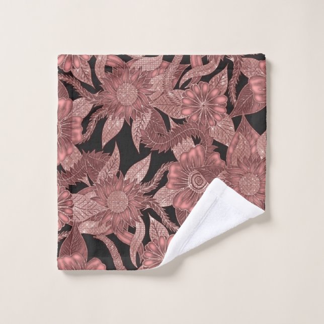 Glamorous Rose Gold Black Glitter Flowers Wash Cloth (Wash Cloth)