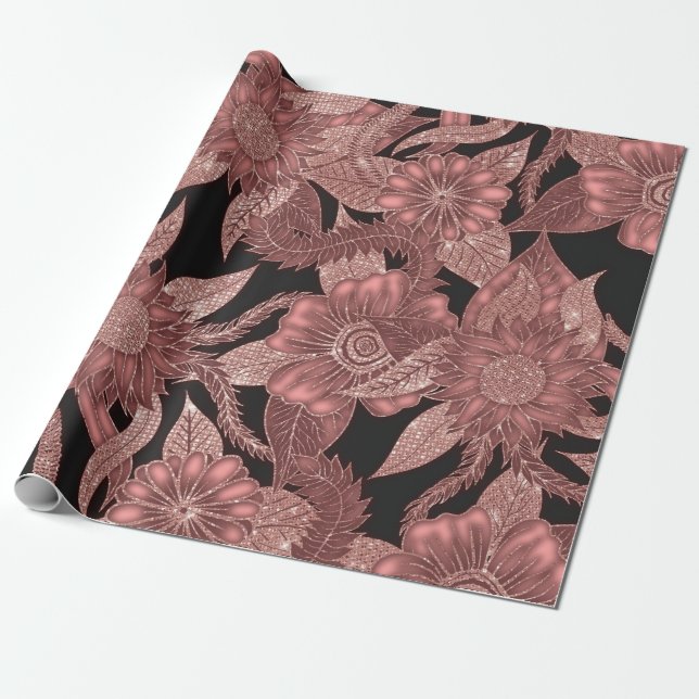 Glamorous Rose Gold Black Glitter Flowers Wrapping Paper (Unrolled)