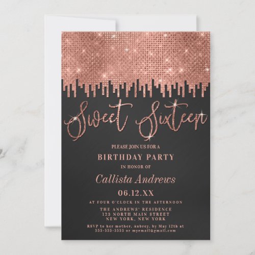 Glamorous Rose Gold Black Glitter Pixels Sweet 16 Invitation