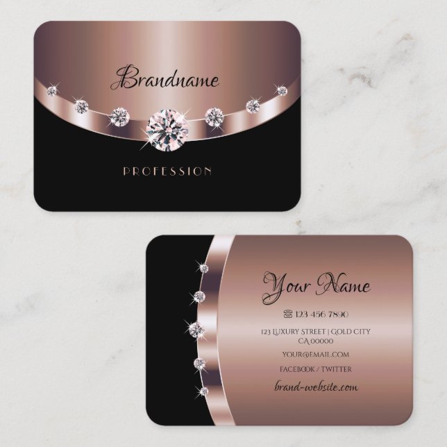 Glamorous Rose Gold Black Jewels Faux Rhinestones Business Card (Front/Back)