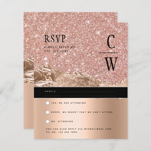 Glamorous ROSE Gold Black Wedding RSVP (Front/Back)