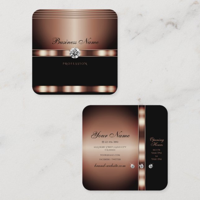 Glamorous Rose Gold Black with Faux Rhinestones Square Business Card (Front/Back)