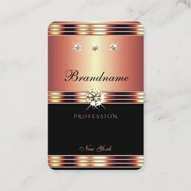 Glamorous Rose Gold Black with Sparkling Diamonds Business Card (Front)