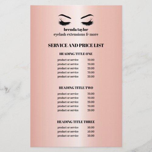 Glamorous rose Gold EYELASH SALON SERVICE LIST Flyer