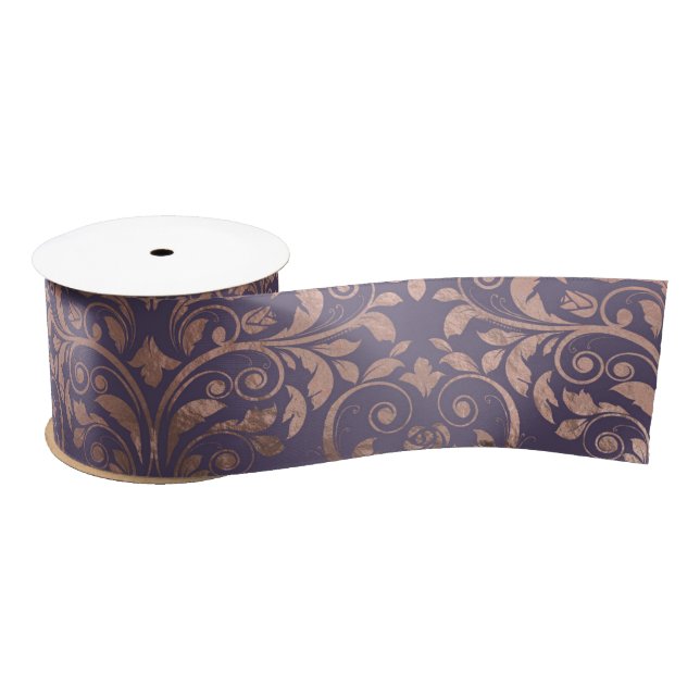 Glamorous Rose Gold Foil and Lavender Damask Satin Ribbon (Spool)